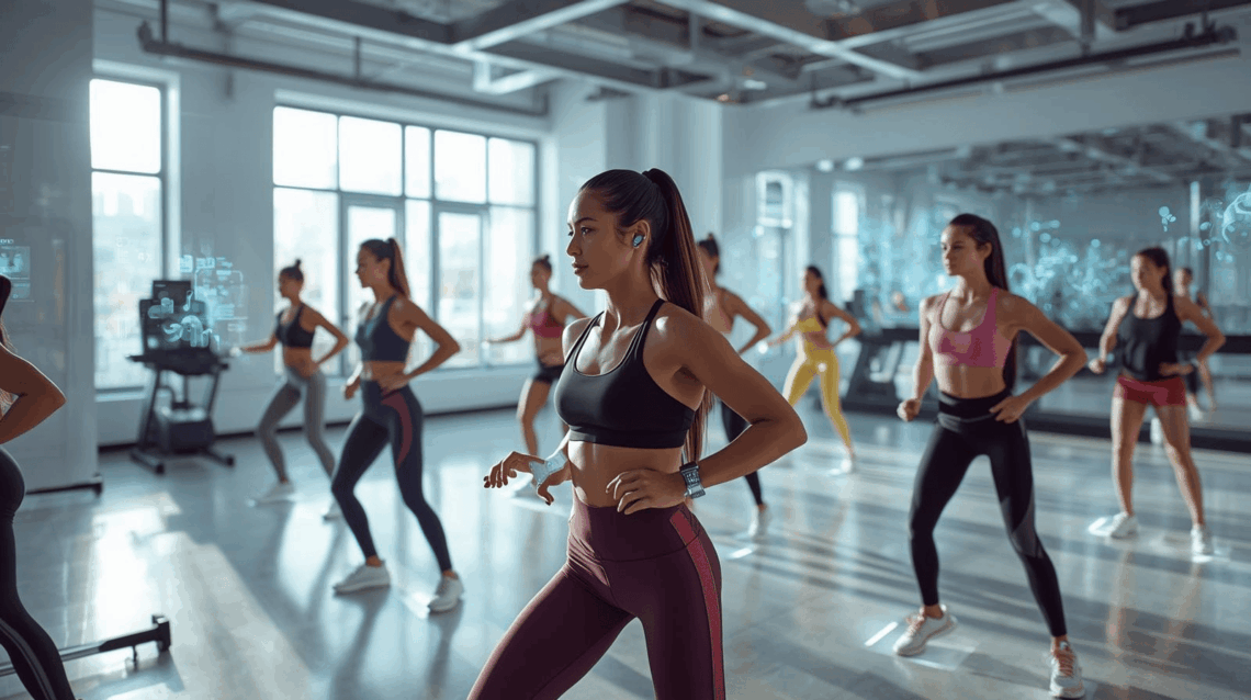 Studio fitness futuristik 2025 dengan peserta latihan menggunakan teknologi sensor dan wearable pintar.