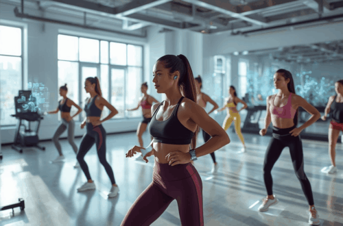 Studio fitness futuristik 2025 dengan peserta latihan menggunakan teknologi sensor dan wearable pintar.