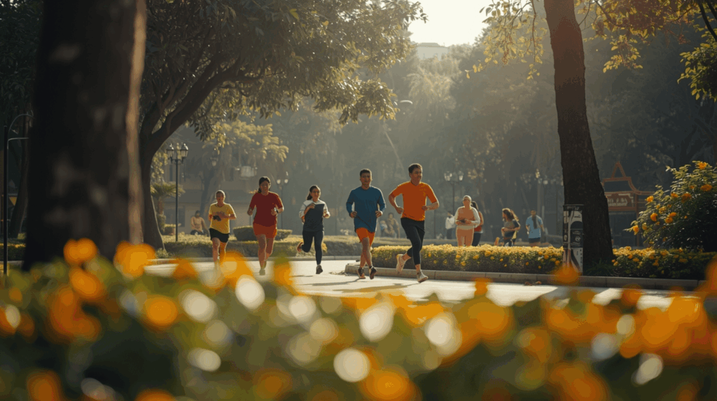 Warga mengikuti olahraga komunitas lokal di taman kota pada pagi hari