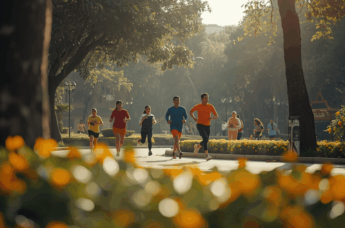 Warga mengikuti olahraga komunitas lokal di taman kota pada pagi hari