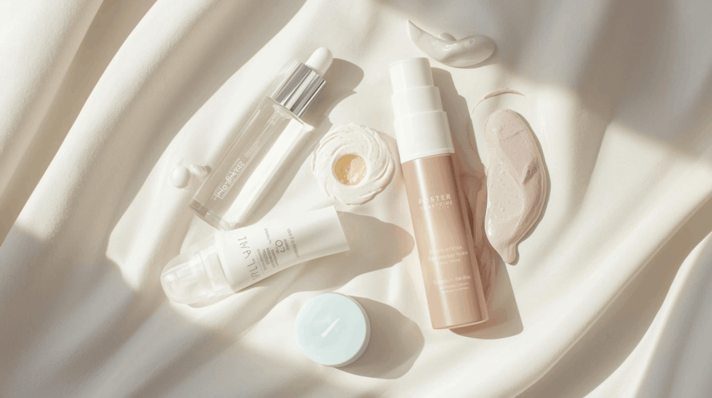 Produk skincare kesehatan wajah bergaya flatlay minimalis di atas kain putih.