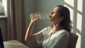 Wanita Indonesia minum air putih dengan postur duduk yang baik di rumah