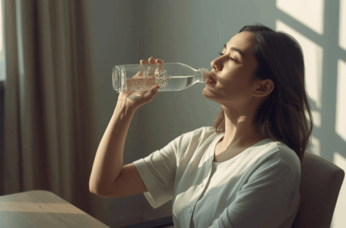 Wanita Indonesia minum air putih dengan postur duduk yang baik di rumah